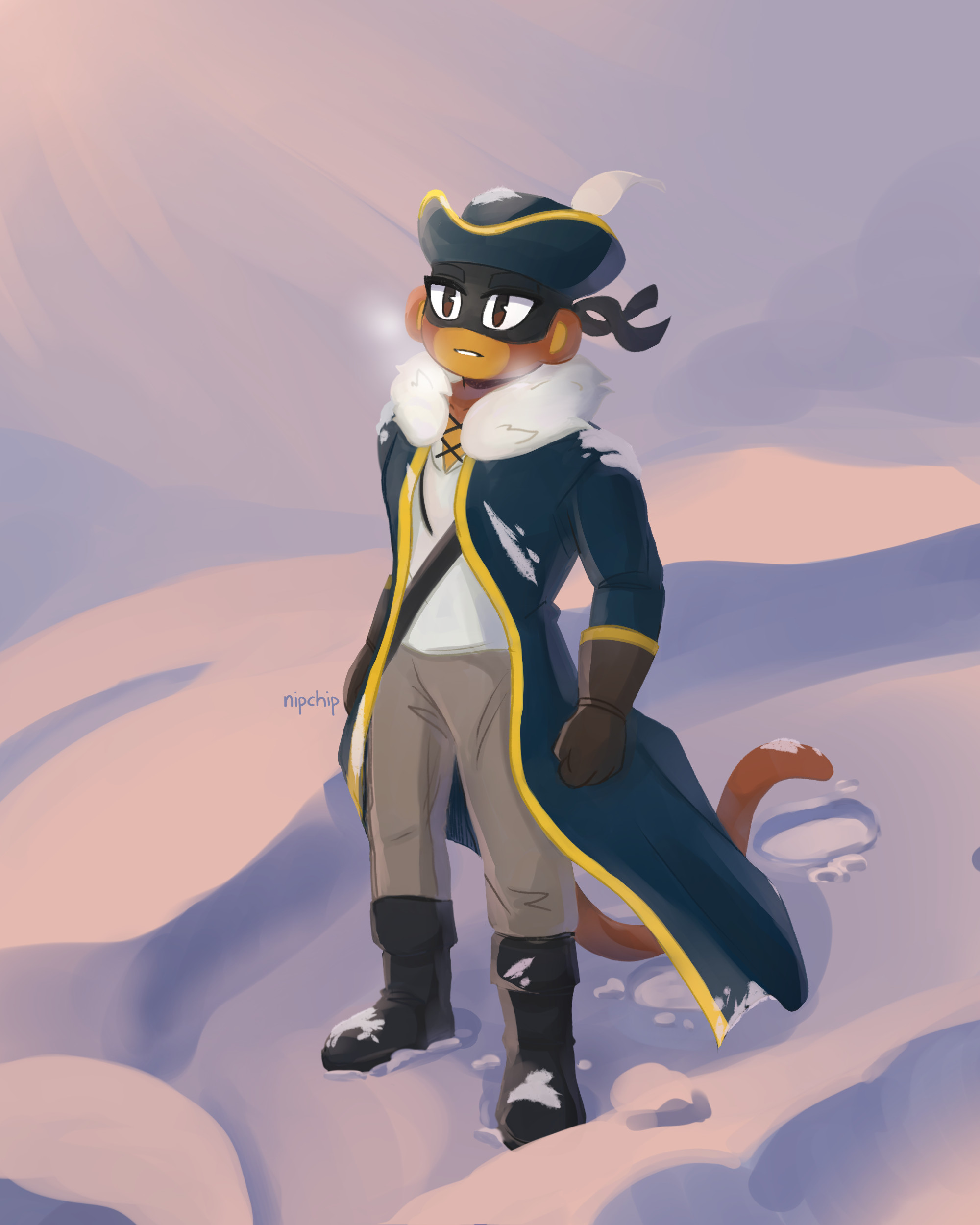 Highwayman Jericho standing in a snow field. The collar of his coat has a white fur trim. Behind him are his footprints in the snow.